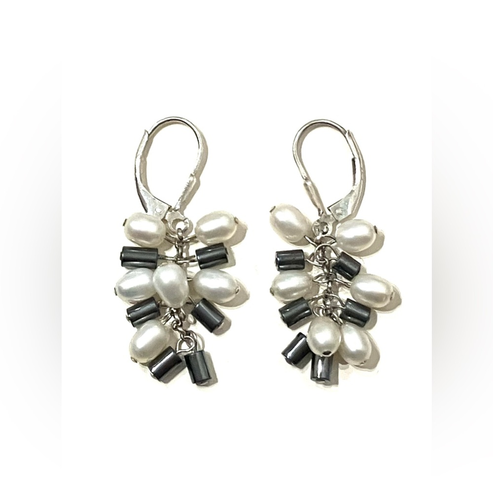 Sterling Silver 925 Pearl Hematite Cluster Earrings